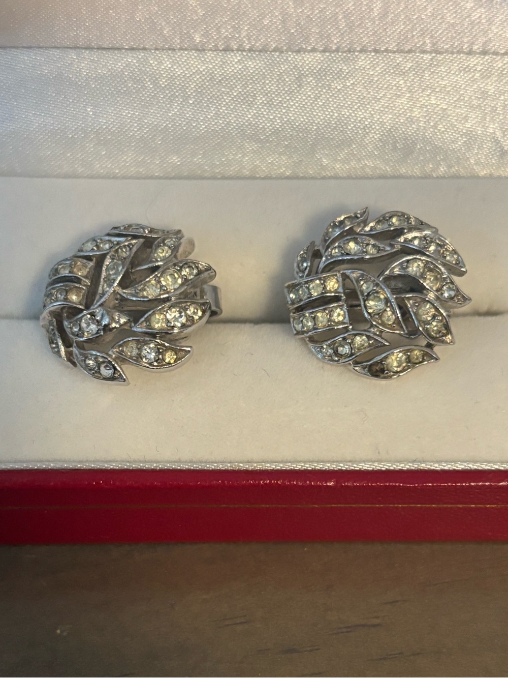Vintage Signed Crown TRIFARI Crystal Swirling Leaf Clip Earrings (circa 1950s)
